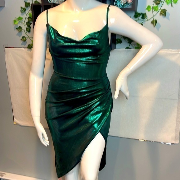 Micas Metallic Draped Neck Ruched Wrap‎ Green  Mini Dress Size X Large - Picture 1 of 15